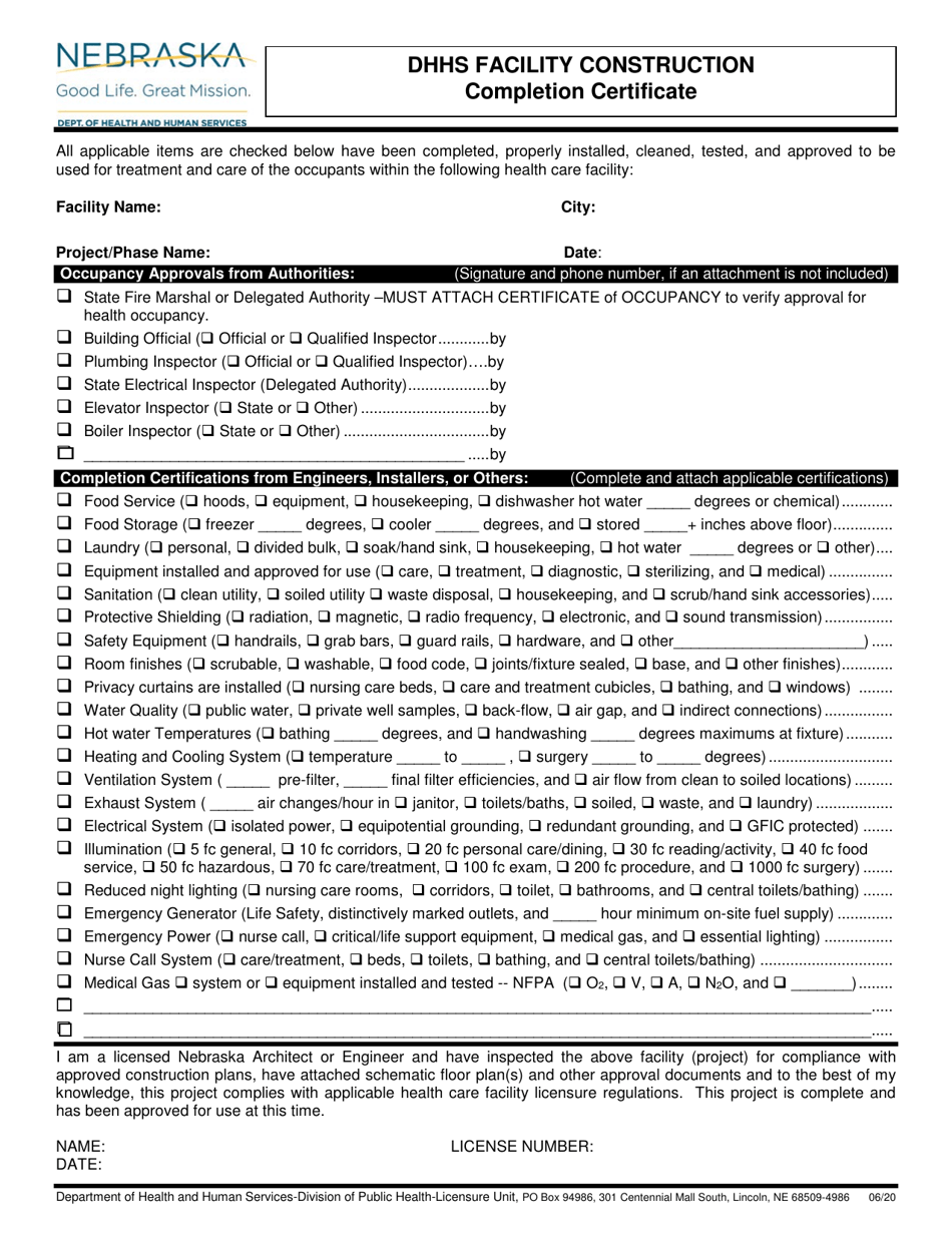 Dhhs Facility Construction Completion Certificate - Nebraska, Page 1