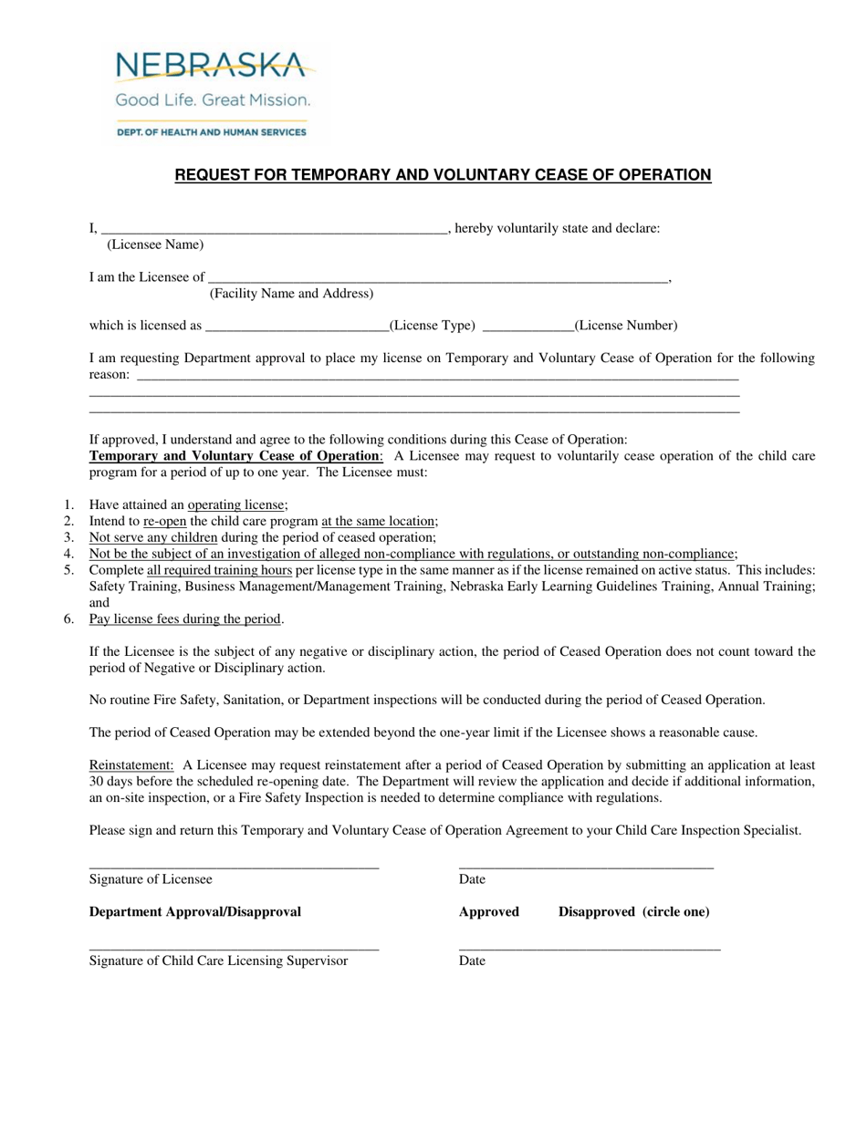 Request for Temporary and Voluntary Cease of Operation - Nebraska, Page 1