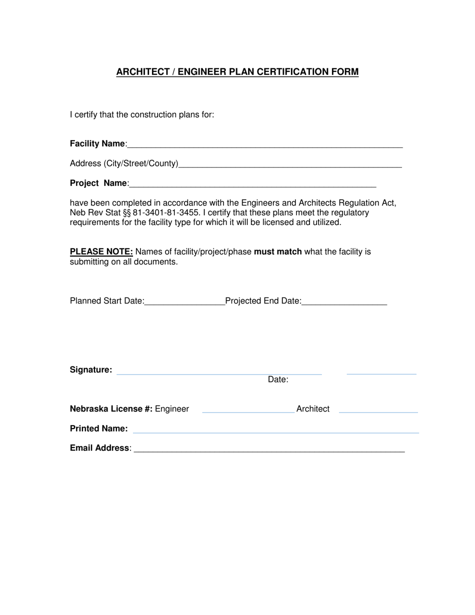 Nebraska Architect/Engineer Plan Certification Form Fill Out, Sign