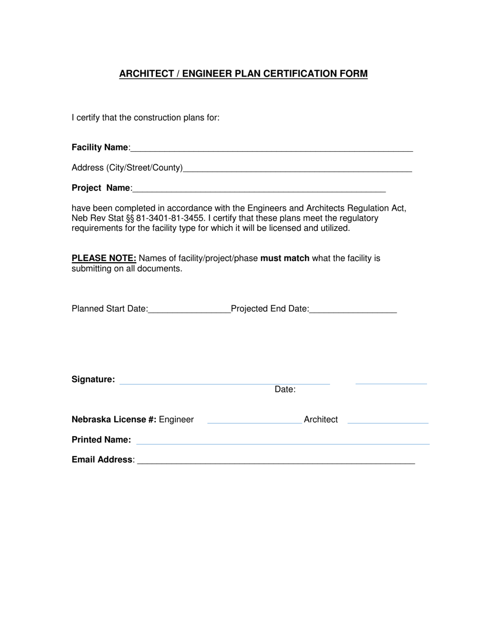 Architect / Engineer Plan Certification Form - Nebraska, Page 1