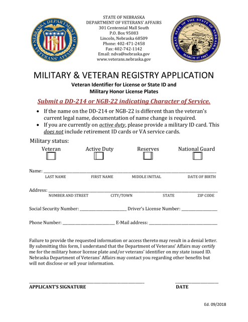 Military & Veteran Registry Application - Nebraska Download Pdf