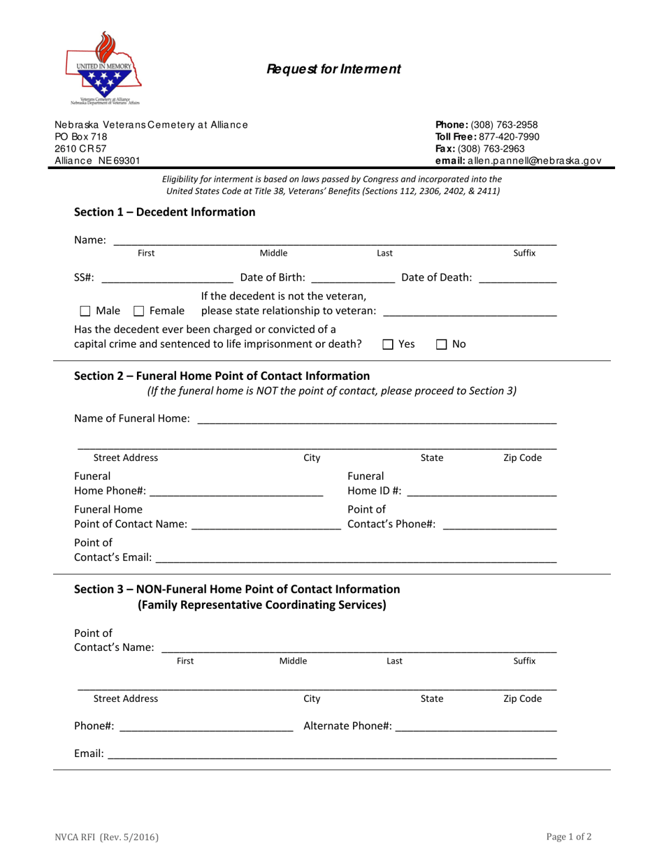 Request for Interment - Nebraska, Page 1