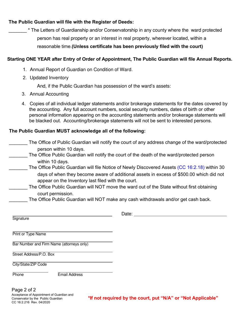 Form CC16:2.216 Acceptance of Appointment of Guardian and Conservator by the Public Guardian - Nebraska, Page 2