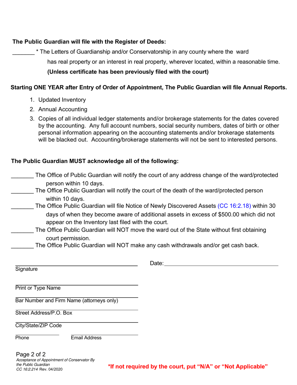 Form CC16:2.214 Acceptance of Appointment of Conservator by the Public Guardian - Nebraska, Page 2