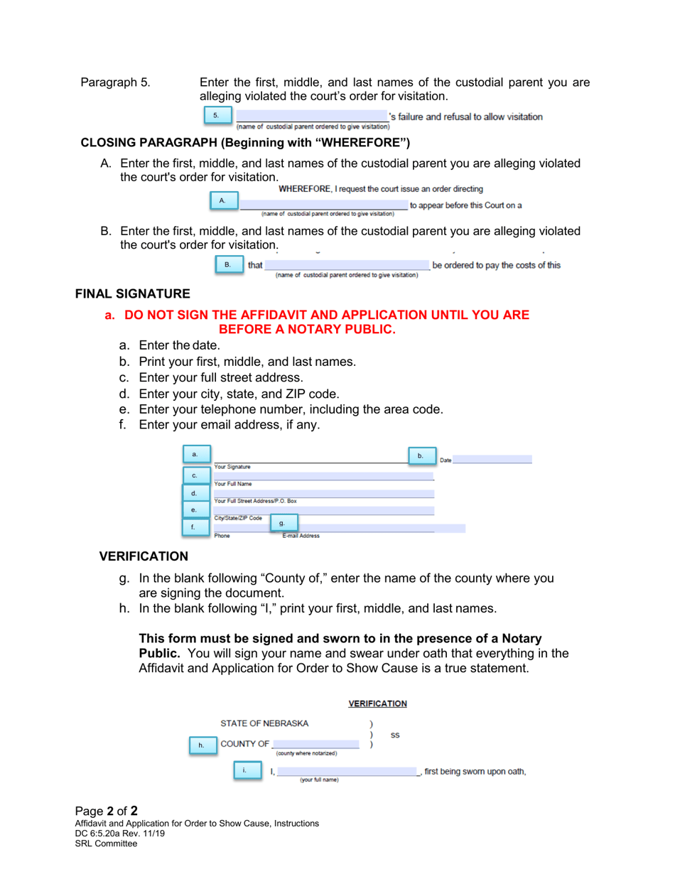 Instructions for Form DC6:5.20 Affidavit and Application for Order to Show Cause (Support) - Nebraska, Page 2