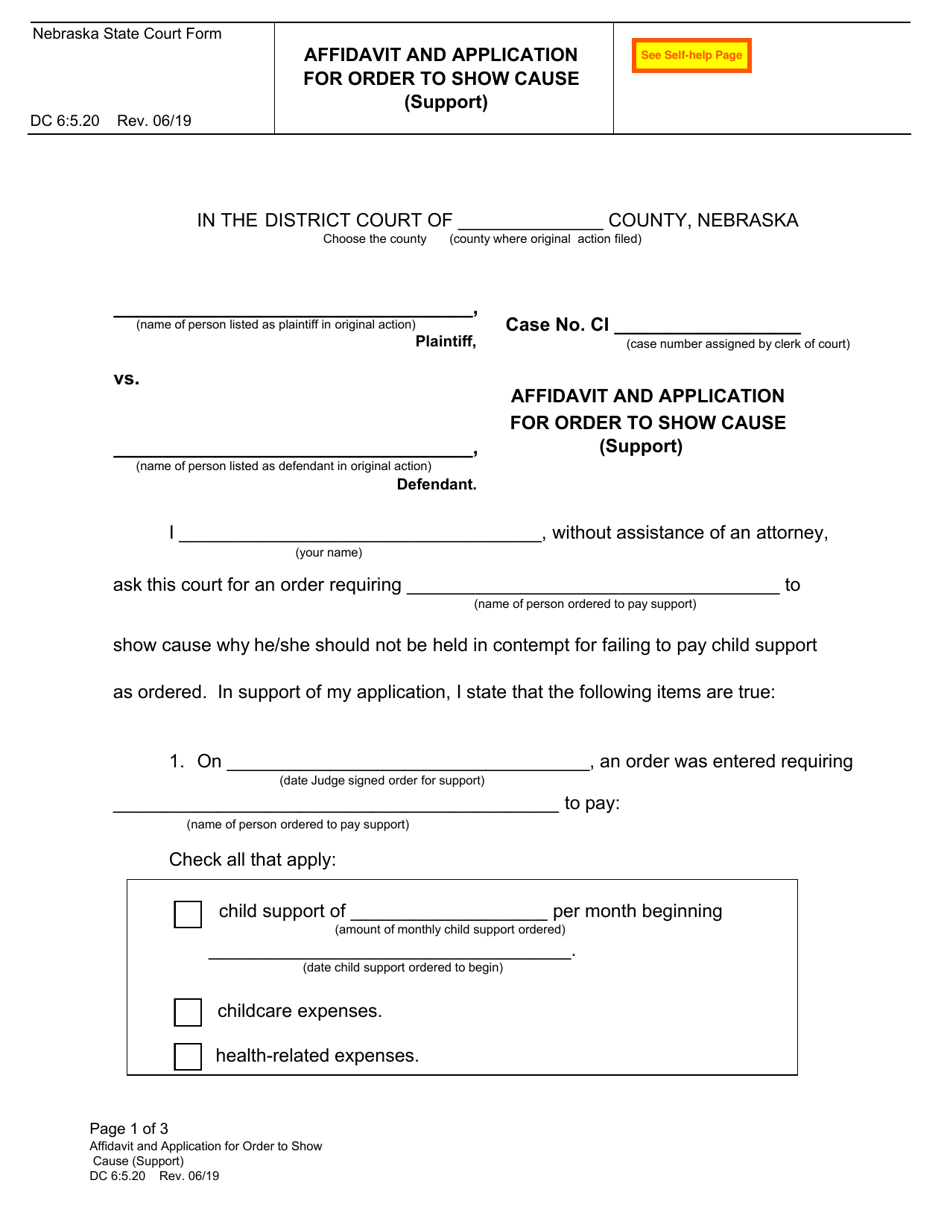 Form DC6:5.20 Affidavit and Application for Order to Show Cause (Support) - Nebraska, Page 1