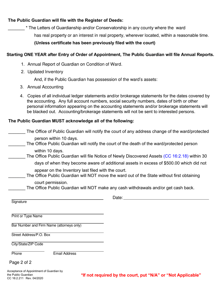 Form CC16:2.211 Acceptance of Appointment of Guardian by the Public Guardian - Nebraska, Page 2