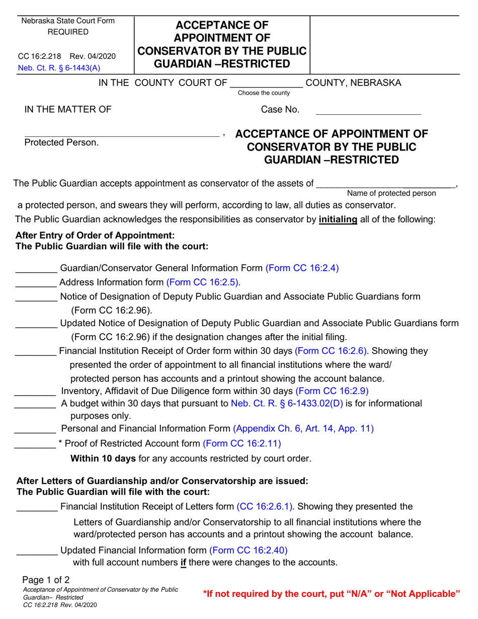 Form CC16:2.218 Acceptance of Appointment of Conservator by the Public Guardian - Restricted - Nebraska, Page 1