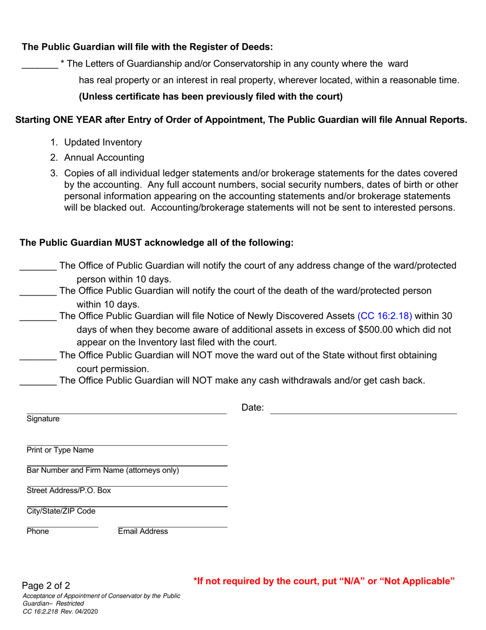 Form CC16:2.218 Acceptance of Appointment of Conservator by the Public Guardian - Restricted - Nebraska, Page 2