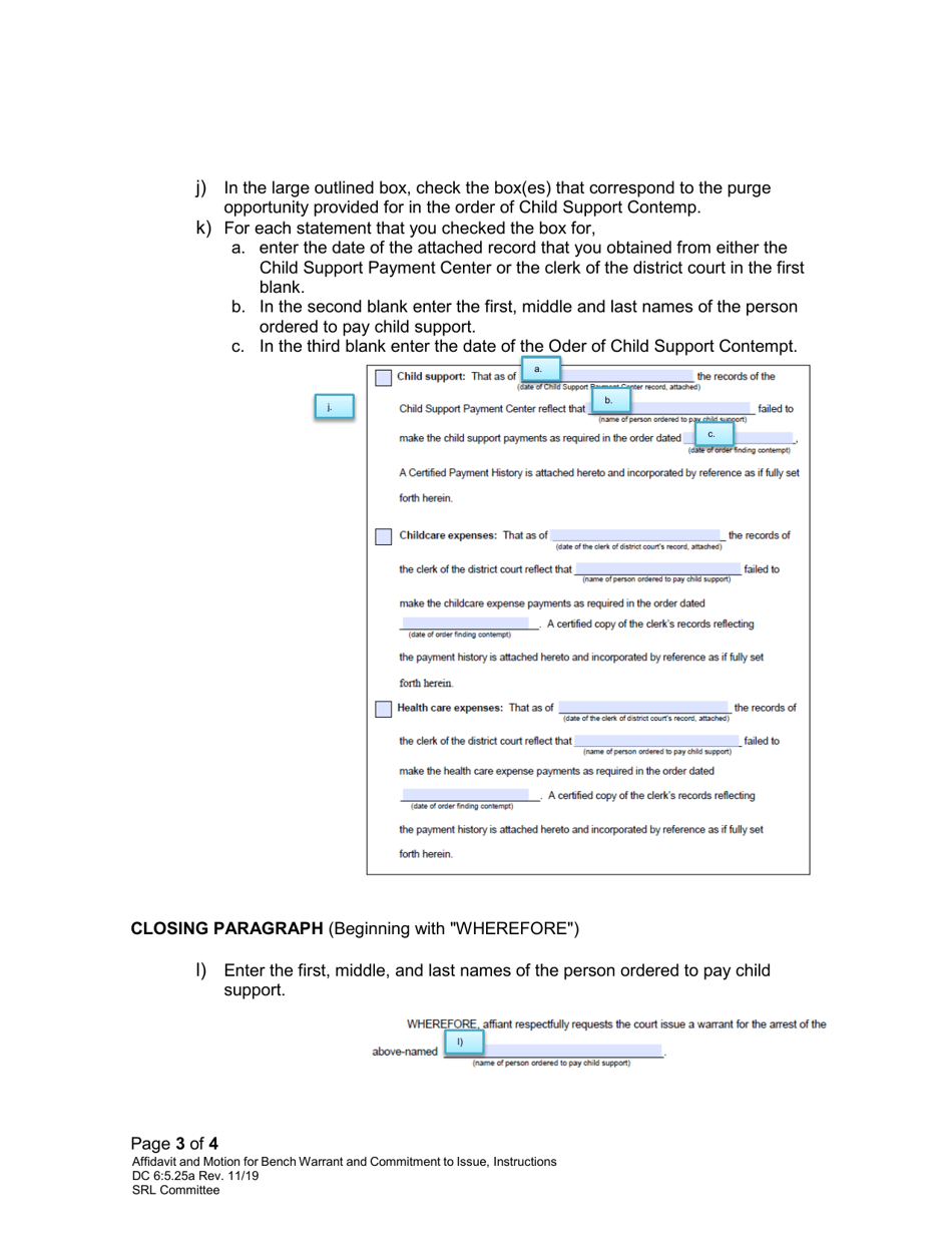 Instructions for Form DC6:5.25 Affidavit and Motion for Bench Warrant and Commitment to Issue - Nebraska, Page 3