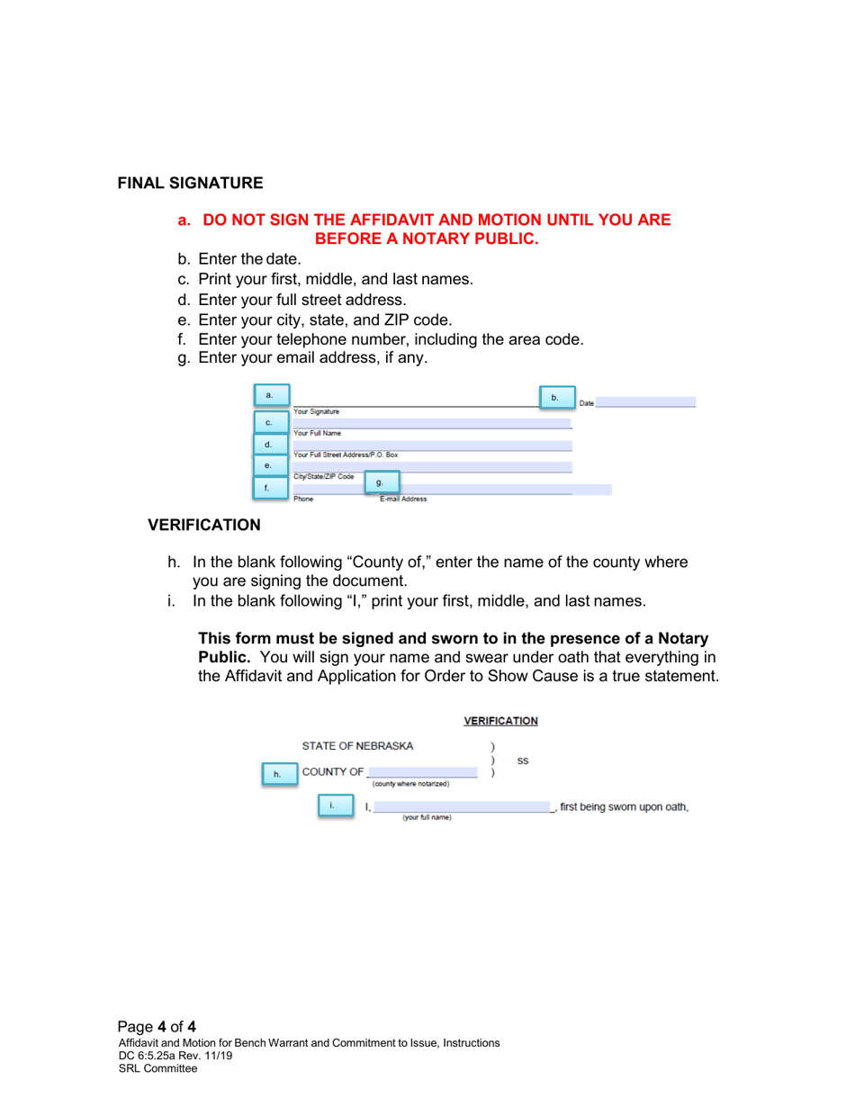 Instructions for Form DC6:5.25 Affidavit and Motion for Bench Warrant and Commitment to Issue - Nebraska, Page 4