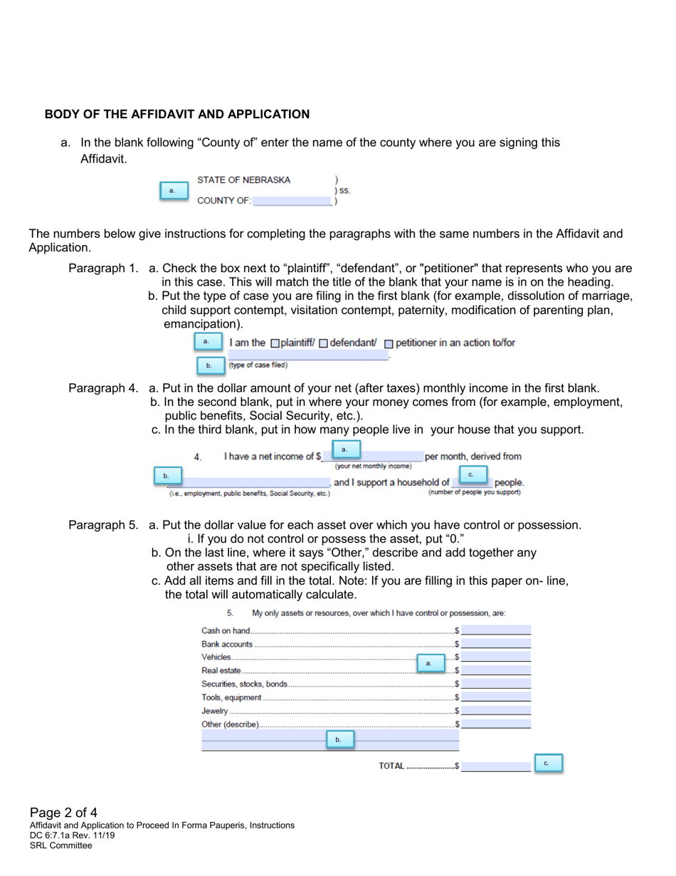 Instructions for Form DC6:7.1 Affidavit and Application to Proceed in Forma Pauperis (Request to Proceed Without Payment of Fees) - Nebraska, Page 2