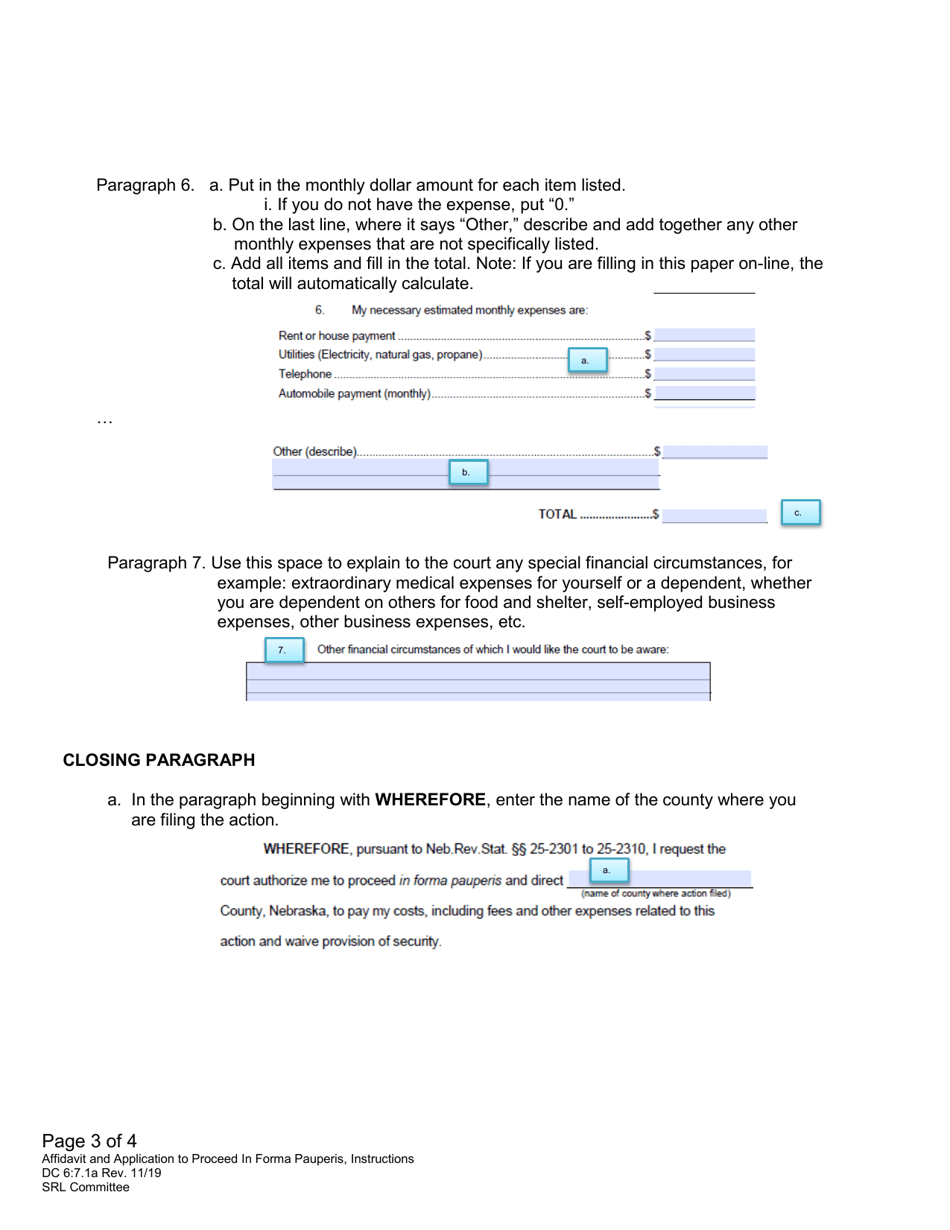 Instructions for Form DC6:7.1 Affidavit and Application to Proceed in Forma Pauperis (Request to Proceed Without Payment of Fees) - Nebraska, Page 3