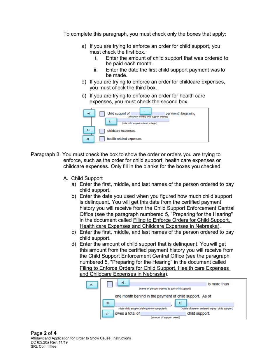 Instructions for Form DC6:5.20 Affidavit and Application for Order to Show Cause (Support) - Nebraska, Page 2