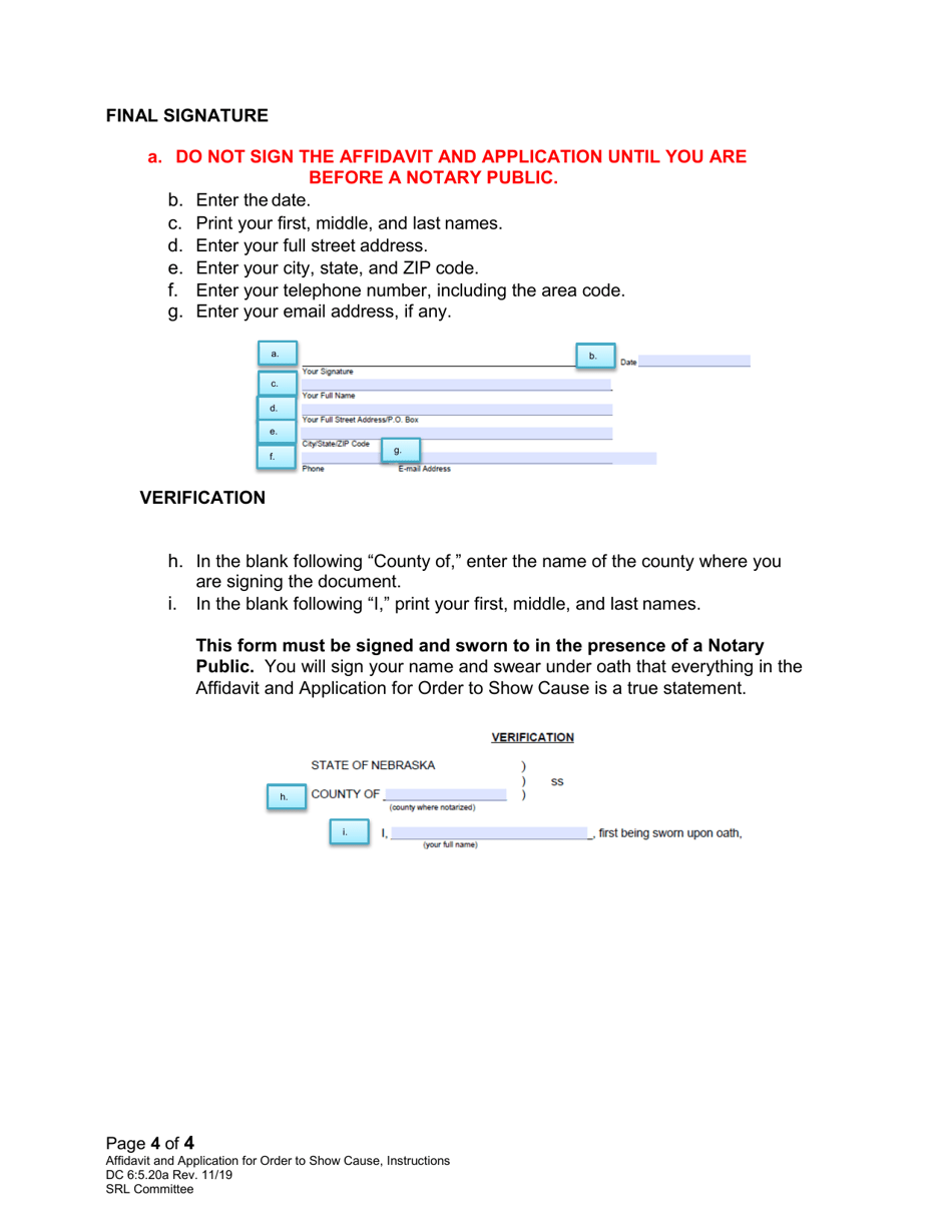 Instructions for Form DC6:5.20 Affidavit and Application for Order to Show Cause (Support) - Nebraska, Page 4