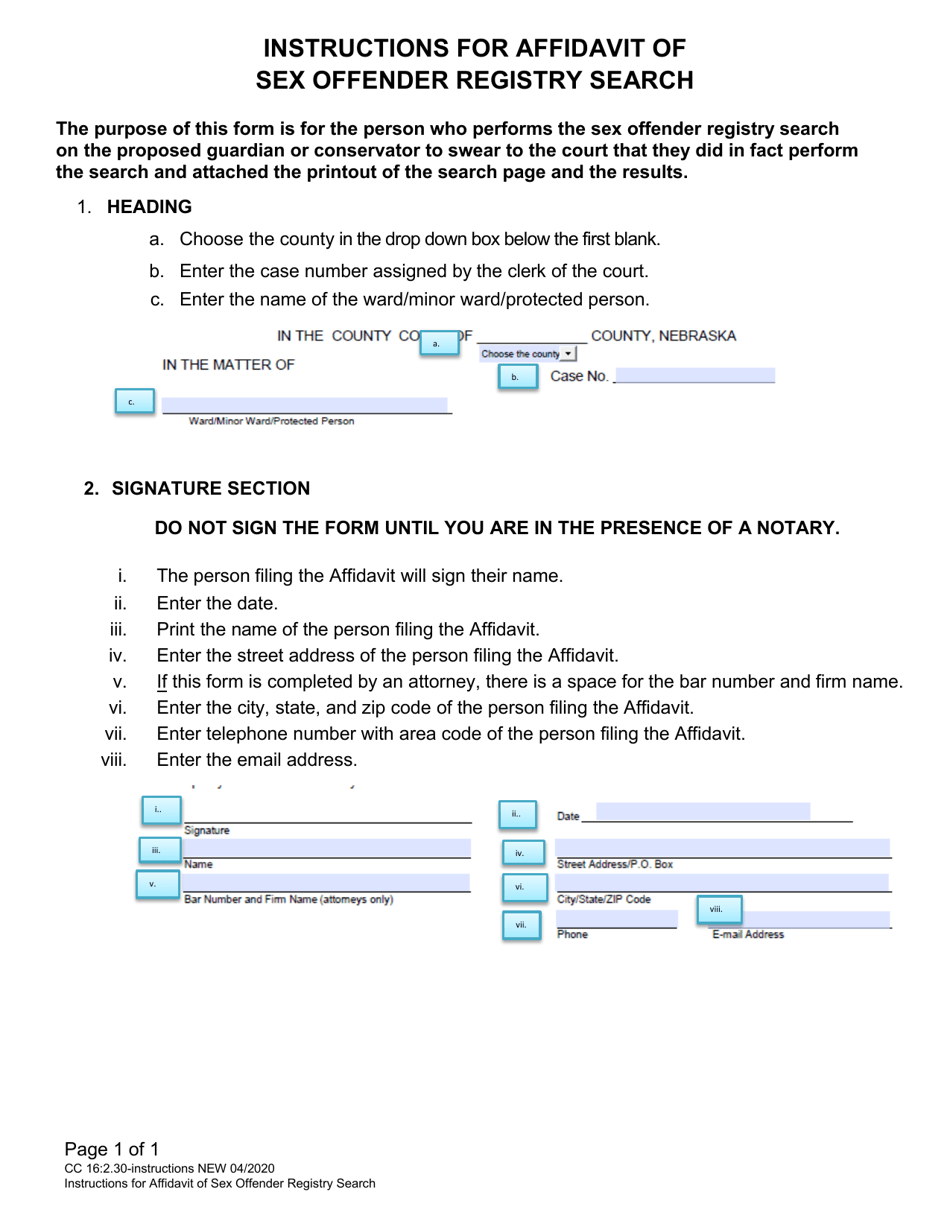 Instructions for Form CC16:2.30 Affidavit of Sex Offender Registry Search - Nebraska, Page 1