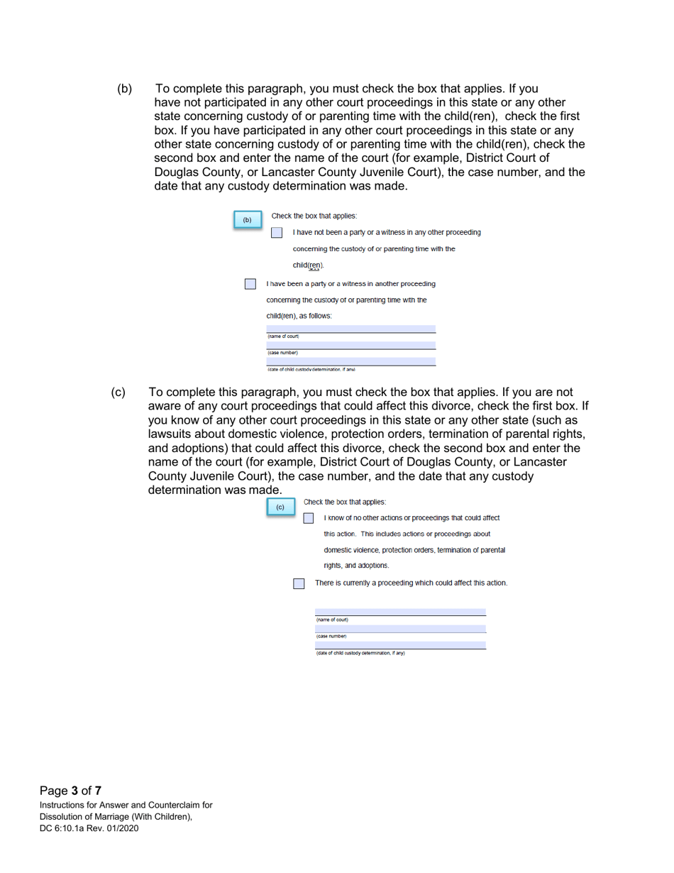 Instructions for Form DC10:1 Answer and Counterclaim for Dissolution of Marriage (Children) - Nebraska, Page 3