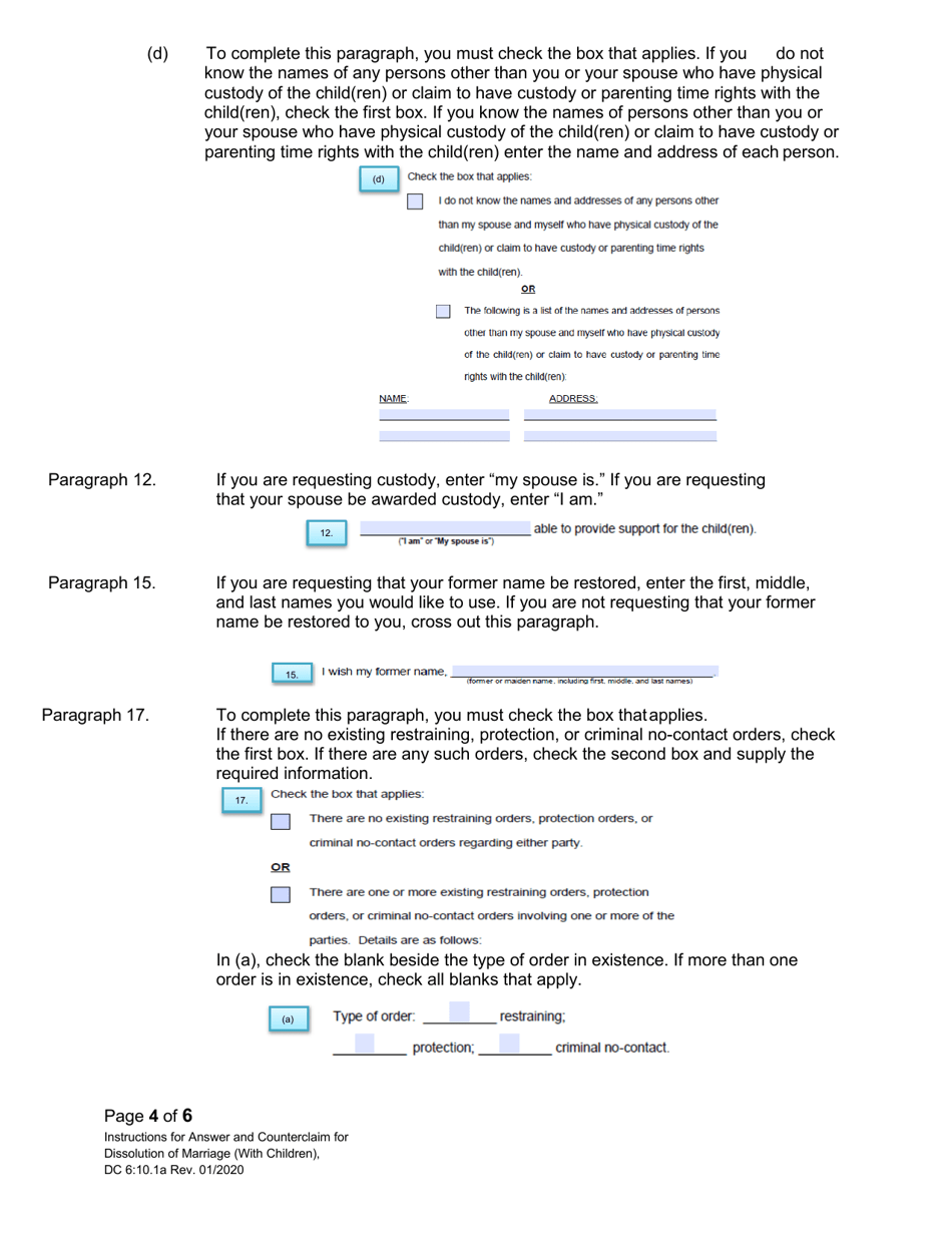 Instructions for Form DC10:1 Answer and Counterclaim for Dissolution of Marriage (Children) - Nebraska, Page 4