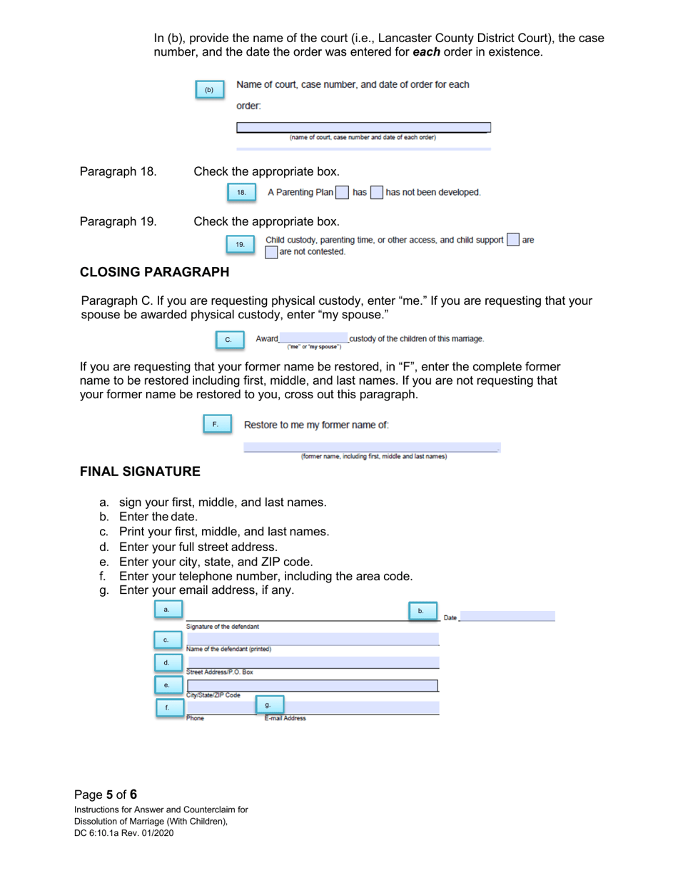 Instructions for Form DC10:1 Answer and Counterclaim for Dissolution of Marriage (Children) - Nebraska, Page 5