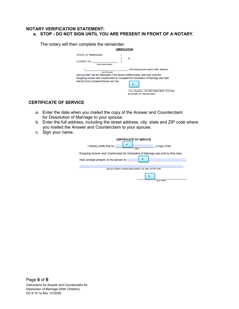 Instructions for Form DC10:1 Answer and Counterclaim for Dissolution of Marriage (Children) - Nebraska, Page 6