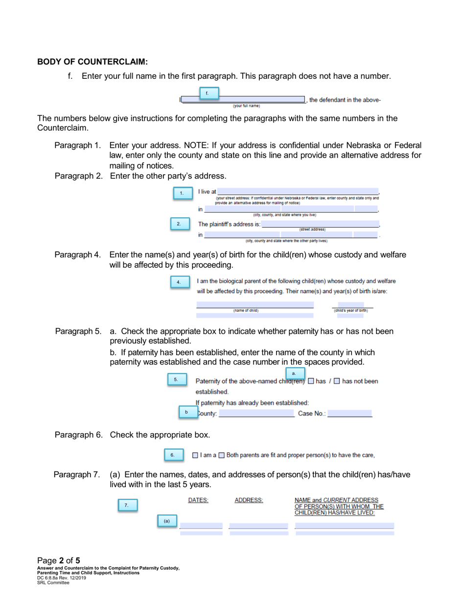 Instructions for Form DC6:8.8 Answer and Counterclaim to Complaint for Paternity, Custody, Parenting Time, and Child Support - Nebraska, Page 2