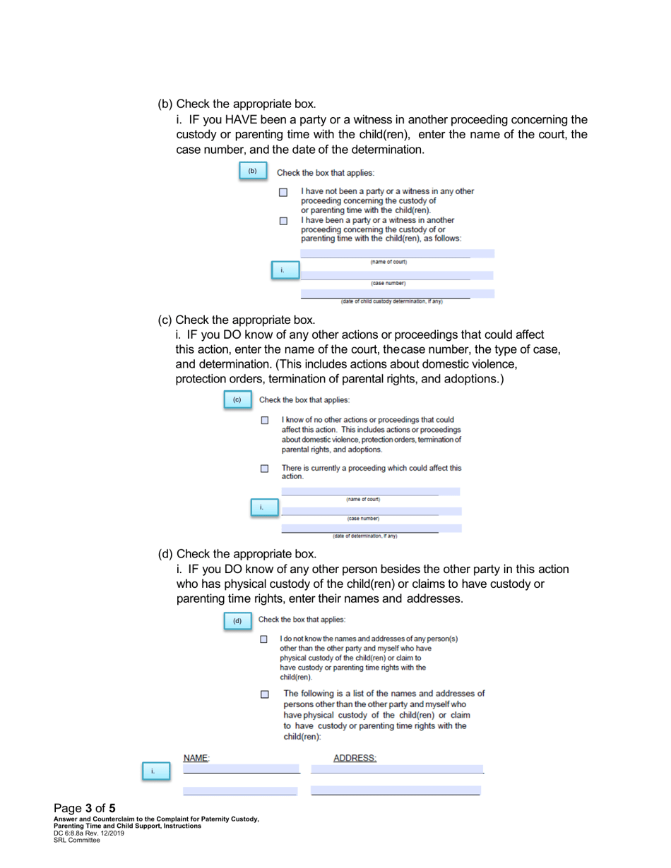 Instructions for Form DC6:8.8 Answer and Counterclaim to Complaint for Paternity, Custody, Parenting Time, and Child Support - Nebraska, Page 3