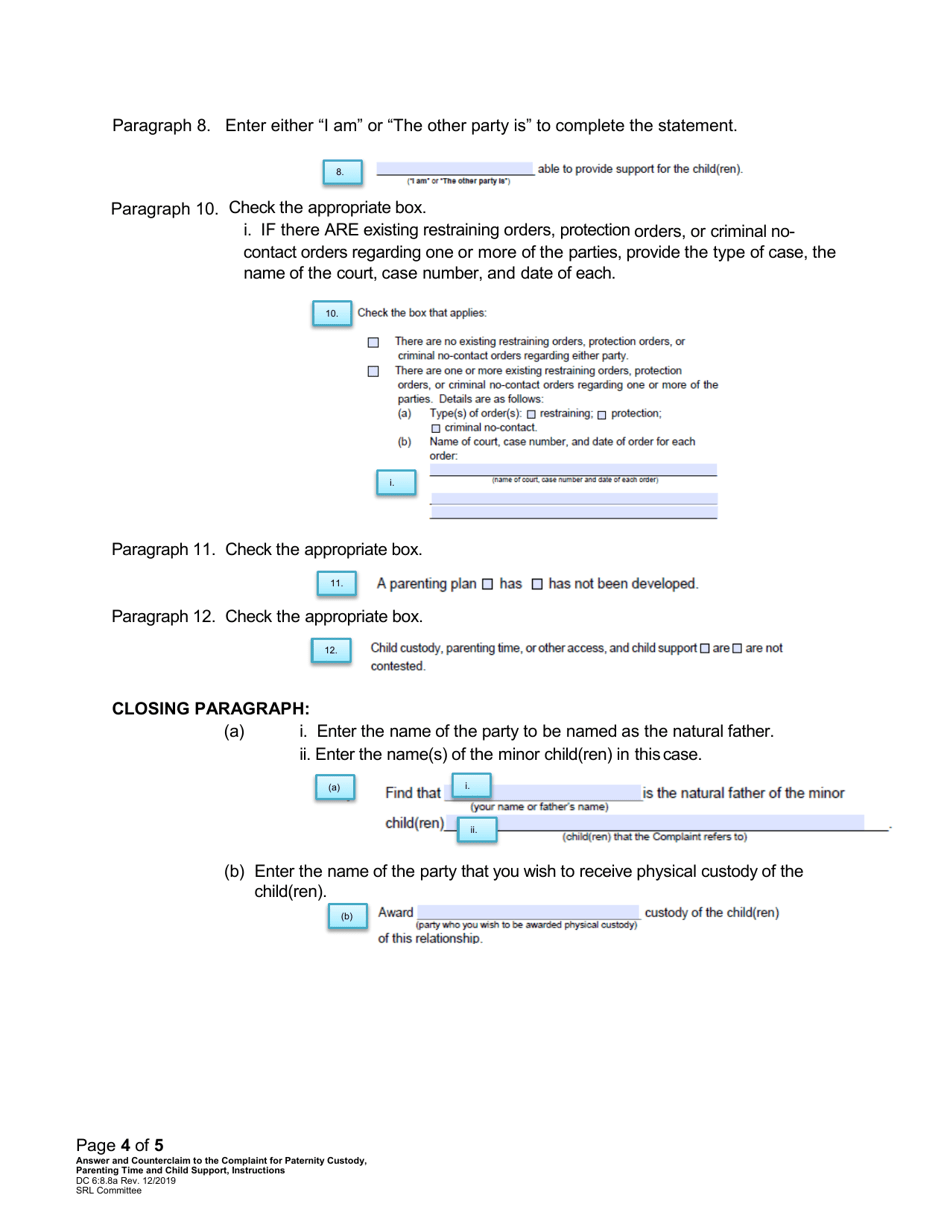 Instructions for Form DC6:8.8 Answer and Counterclaim to Complaint for Paternity, Custody, Parenting Time, and Child Support - Nebraska, Page 4