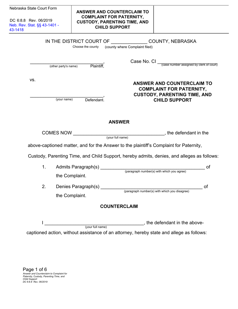Form DC6:8.8 Answer and Counterclaim to Complaint for Paternity, Custody, Parenting Time, and Child Support - Nebraska, Page 1