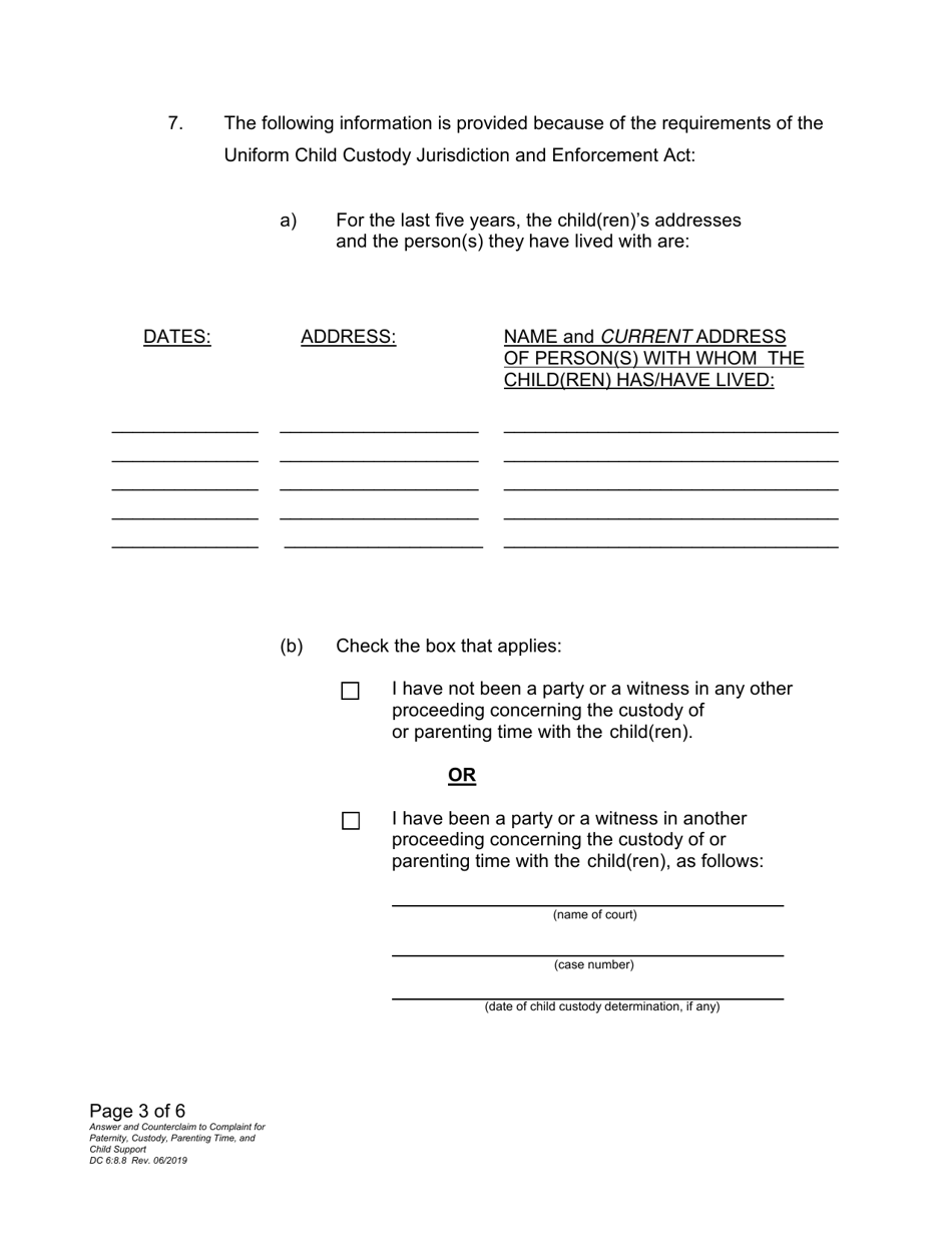 Form DC6:8.8 Answer and Counterclaim to Complaint for Paternity, Custody, Parenting Time, and Child Support - Nebraska, Page 3