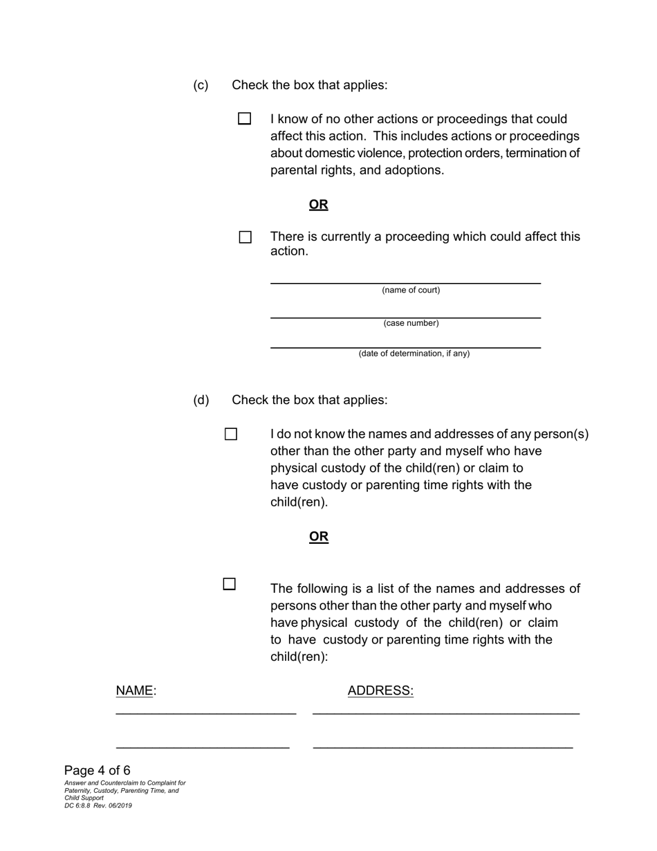 Form DC6:8.8 Answer and Counterclaim to Complaint for Paternity, Custody, Parenting Time, and Child Support - Nebraska, Page 4