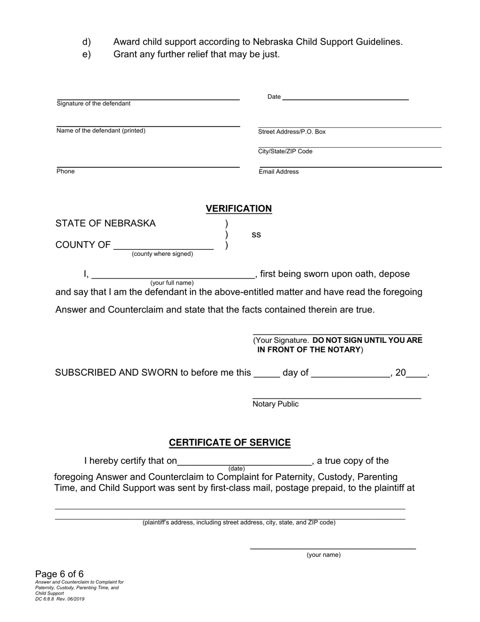 Form DC6:8.8 Answer and Counterclaim to Complaint for Paternity, Custody, Parenting Time, and Child Support - Nebraska, Page 6
