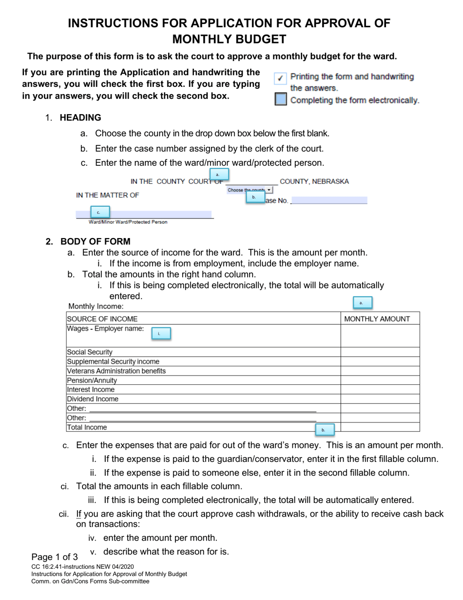 Instructions for Form CC16:2.41 Application for Approval of Monthly Budget - Nebraska, Page 1