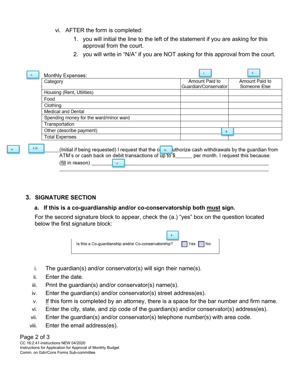 Instructions for Form CC16:2.41 Application for Approval of Monthly Budget - Nebraska, Page 2