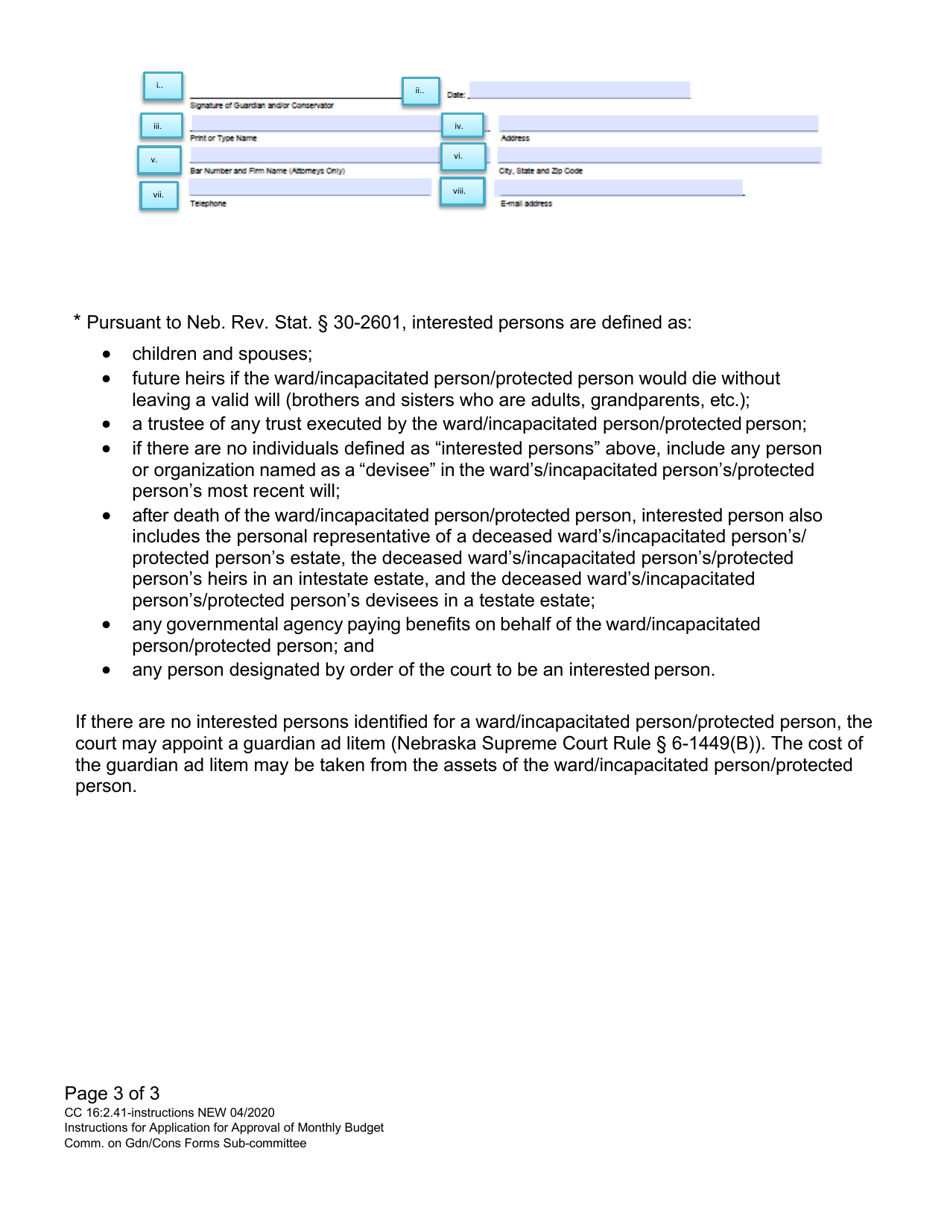 Instructions for Form CC16:2.41 Application for Approval of Monthly Budget - Nebraska, Page 3