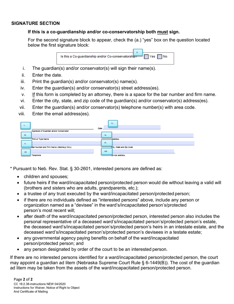 Instructions for Form CC16:2.38 Application for Waiver and Certificate of Mailing - Nebraska, Page 2