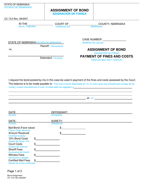 Form CC13:2 Assignment of Bond - Nebraska (English/Spanish)
