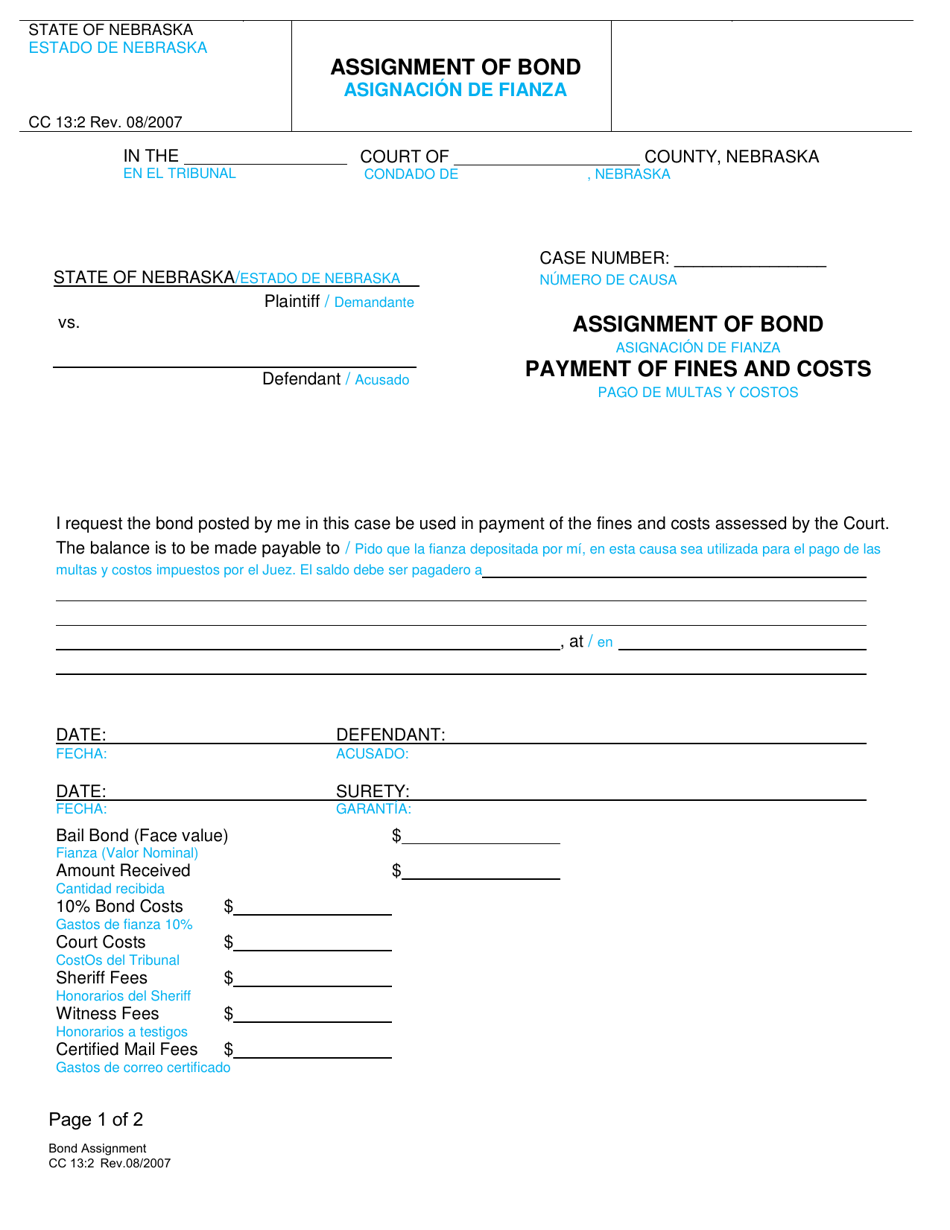 Form CC13:2 Assignment of Bond - Nebraska (English / Spanish), Page 1