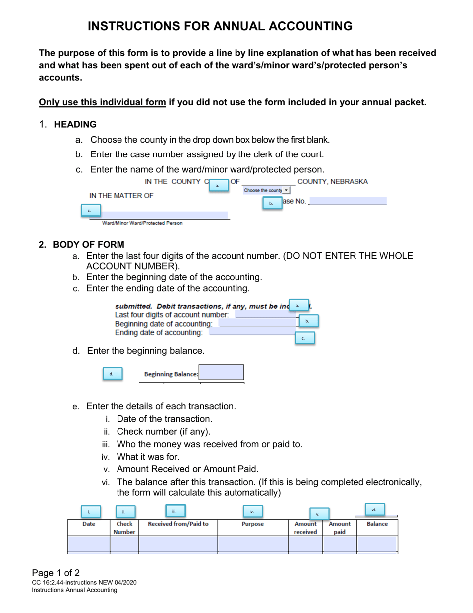 Instructions for Form CC16:2.44 Annual Accounting - Nebraska, Page 1