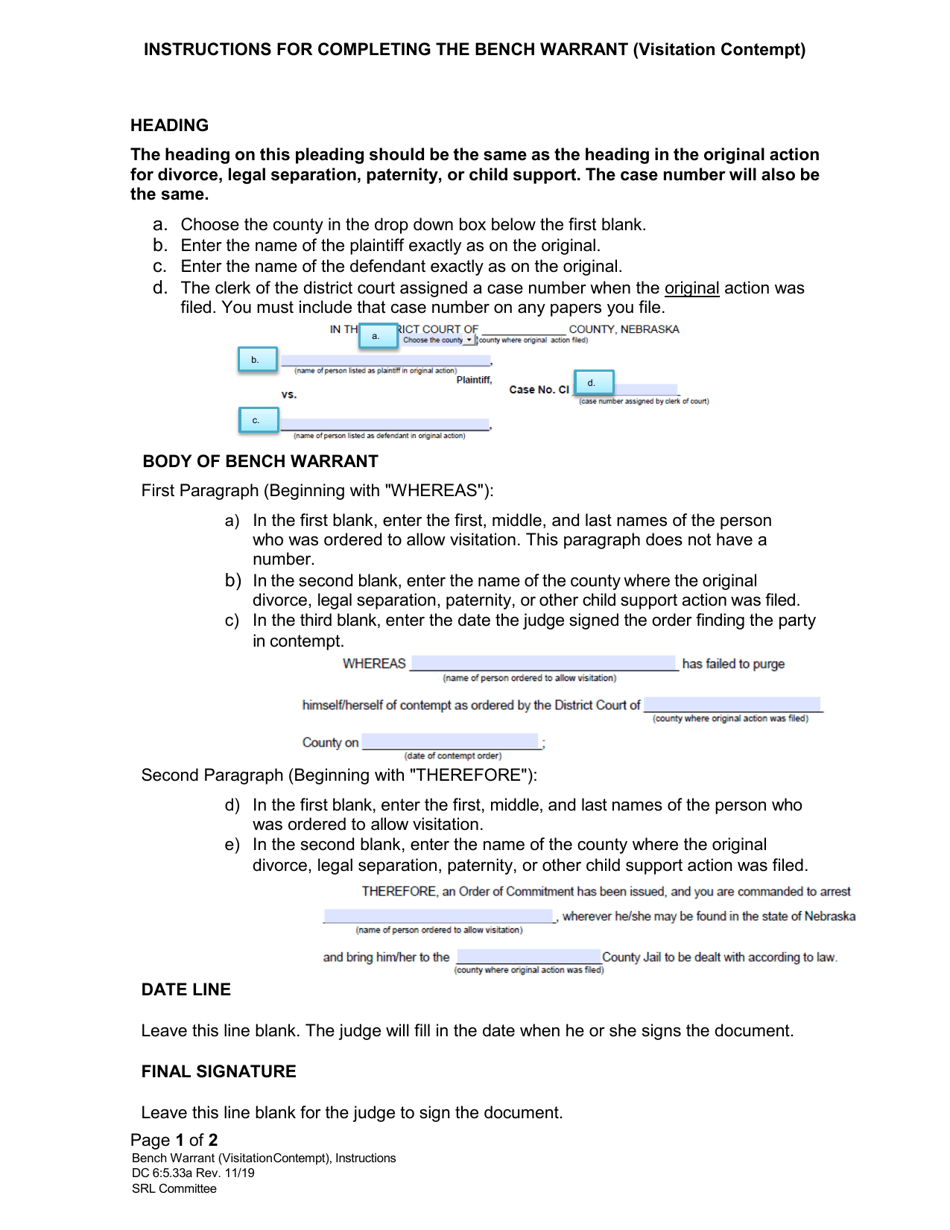 Instructions for Form DC6:5.33 Bench Warrant (Visitation) - Nebraska, Page 1