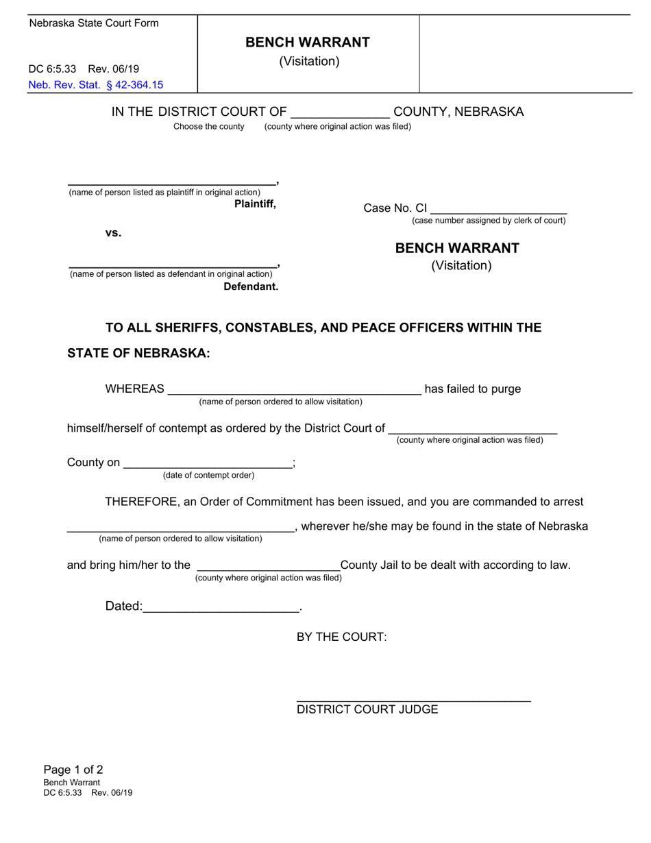 Form DC6:5.33 Bench Warrant (Visitation) - Nebraska, Page 1