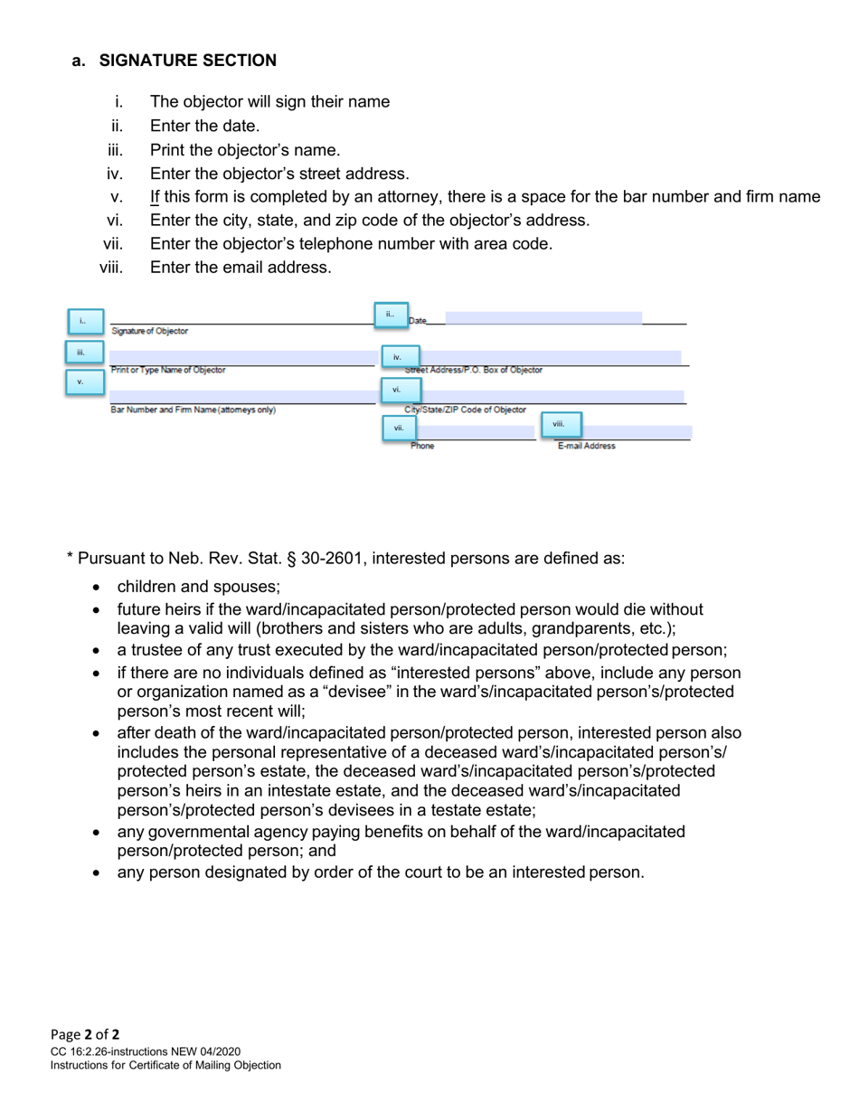Instructions for Form CC16:2.26 Certificate of Mailing Objection and Notice of Hearing - Nebraska, Page 2