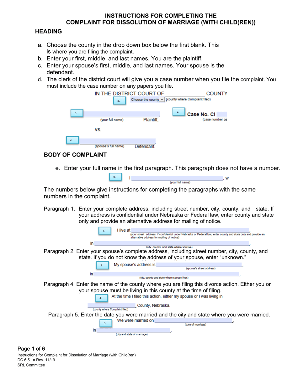 Instructions for Form DC6:5.1 Complaint for Dissolution of Marriage (With Child(Ren)) - Nebraska, Page 1