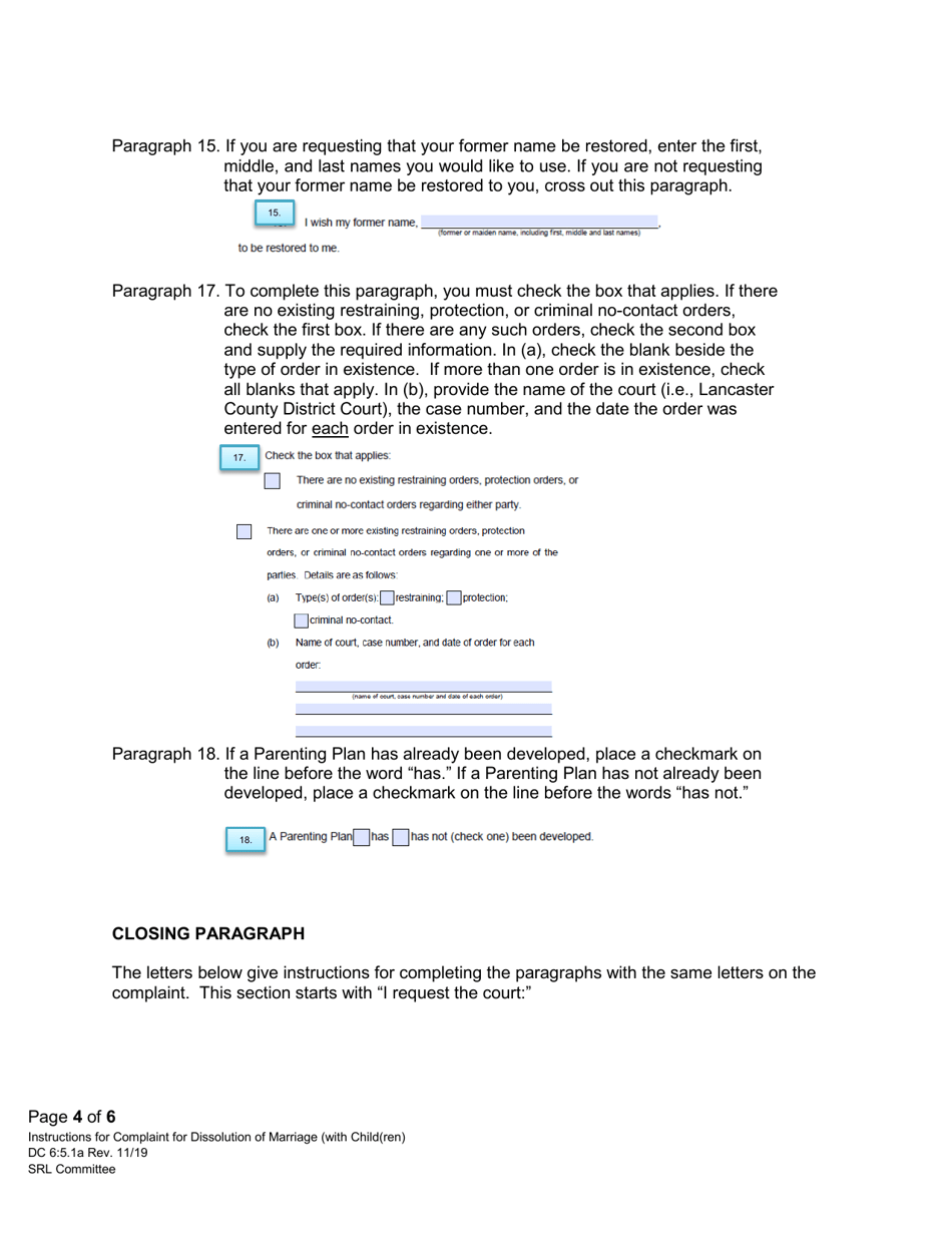 Instructions for Form DC6:5.1 Complaint for Dissolution of Marriage (With Child(Ren)) - Nebraska, Page 4