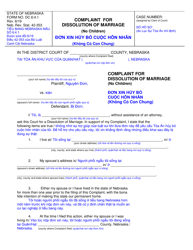 Document preview: Form DC6:4.1 Complaint for Dissolution of Marriage (No Children) - Nebraska (English/Vietnamese)