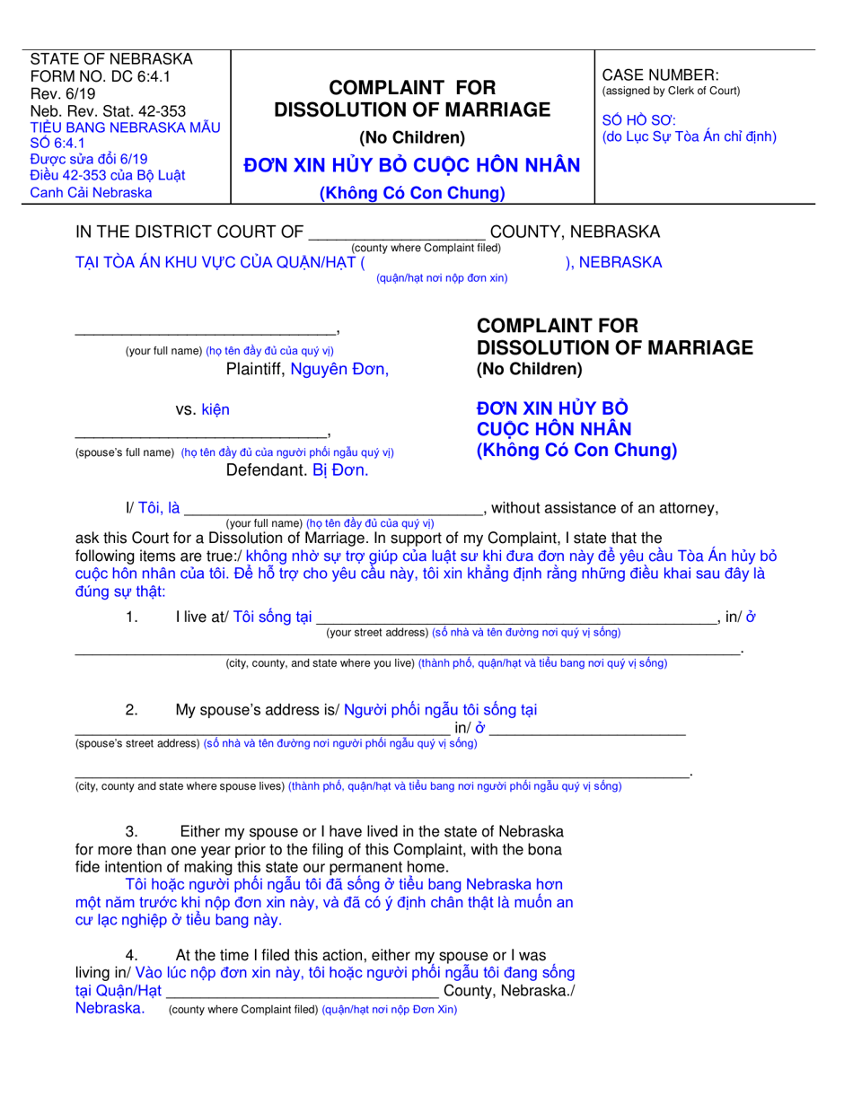 Form DC6:4.1 Complaint for Dissolution of Marriage (No Children) - Nebraska (English / Vietnamese), Page 1