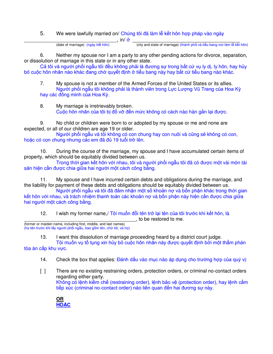 Form DC6:4.1 Complaint for Dissolution of Marriage (No Children) - Nebraska (English / Vietnamese), Page 2