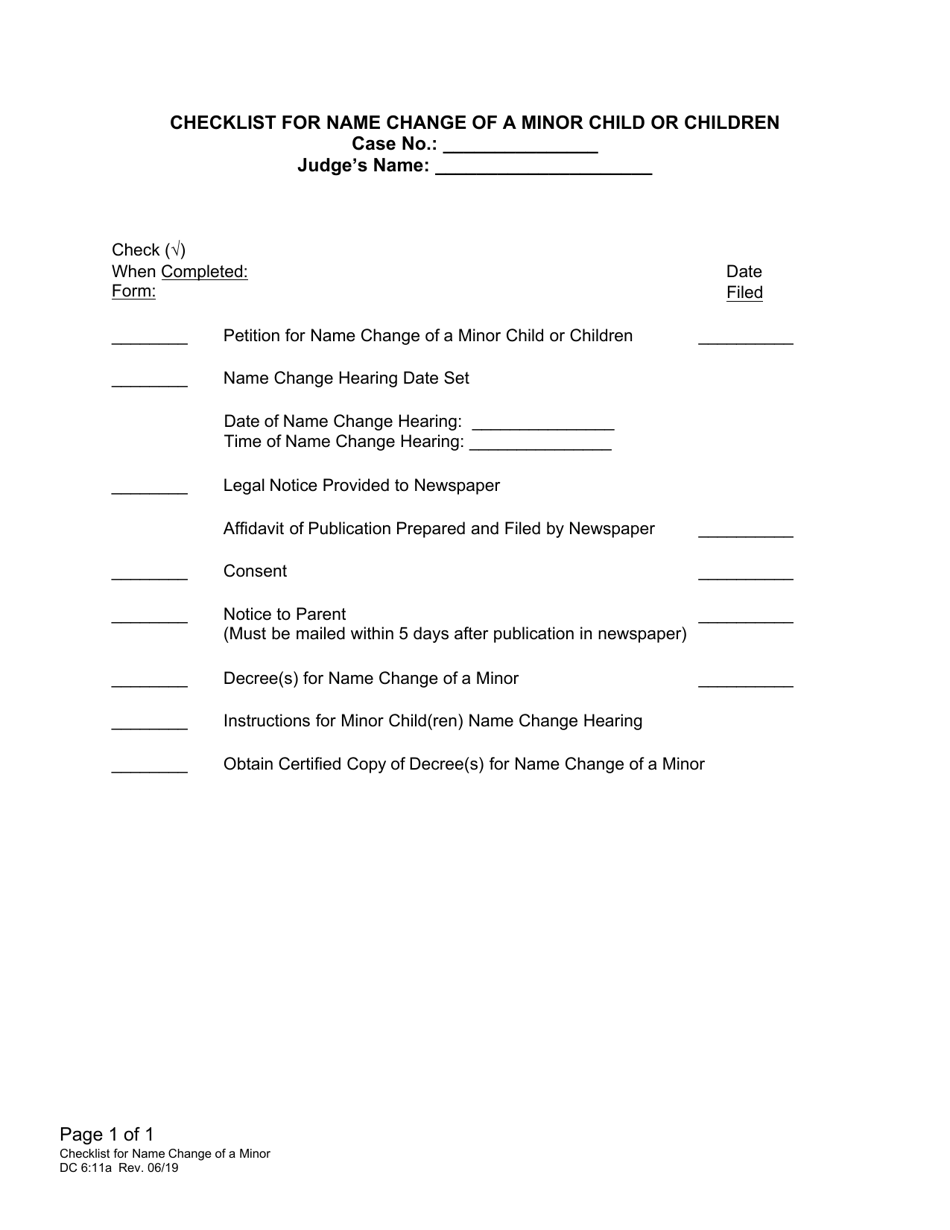 Form DC6:11 Checklist for Name Change of a Minor Child or Children - Nebraska, Page 1