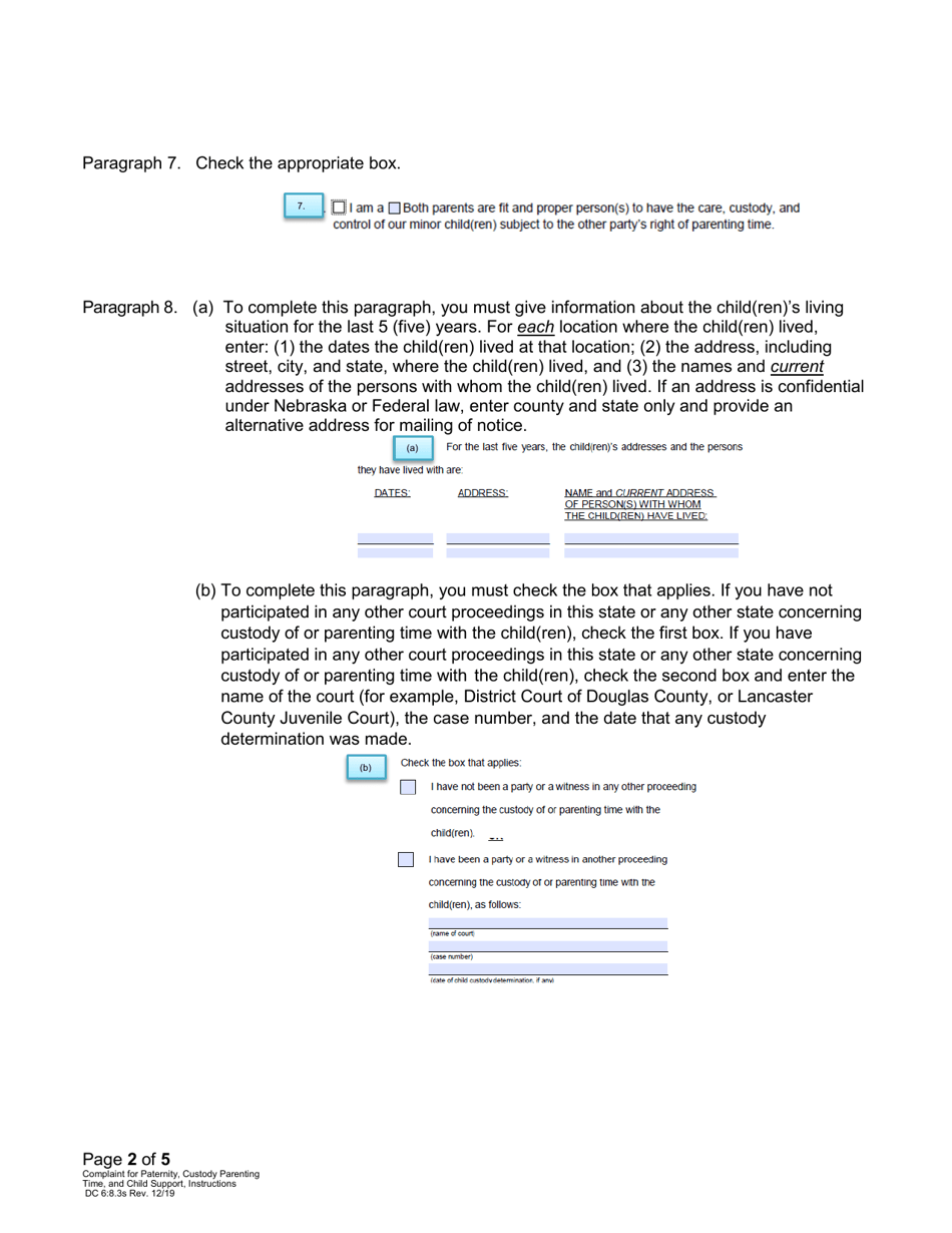 Instructions for Form DC6:8.3 Complaint for Paternity, Custody, Parenting Time, and Child Support - Nebraska, Page 2