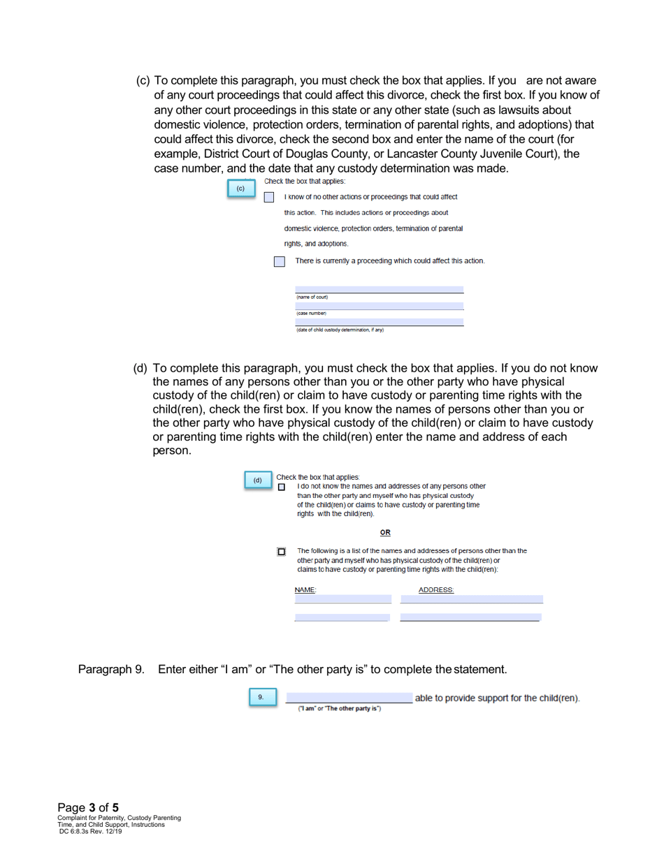 Instructions for Form DC6:8.3 Complaint for Paternity, Custody, Parenting Time, and Child Support - Nebraska, Page 3