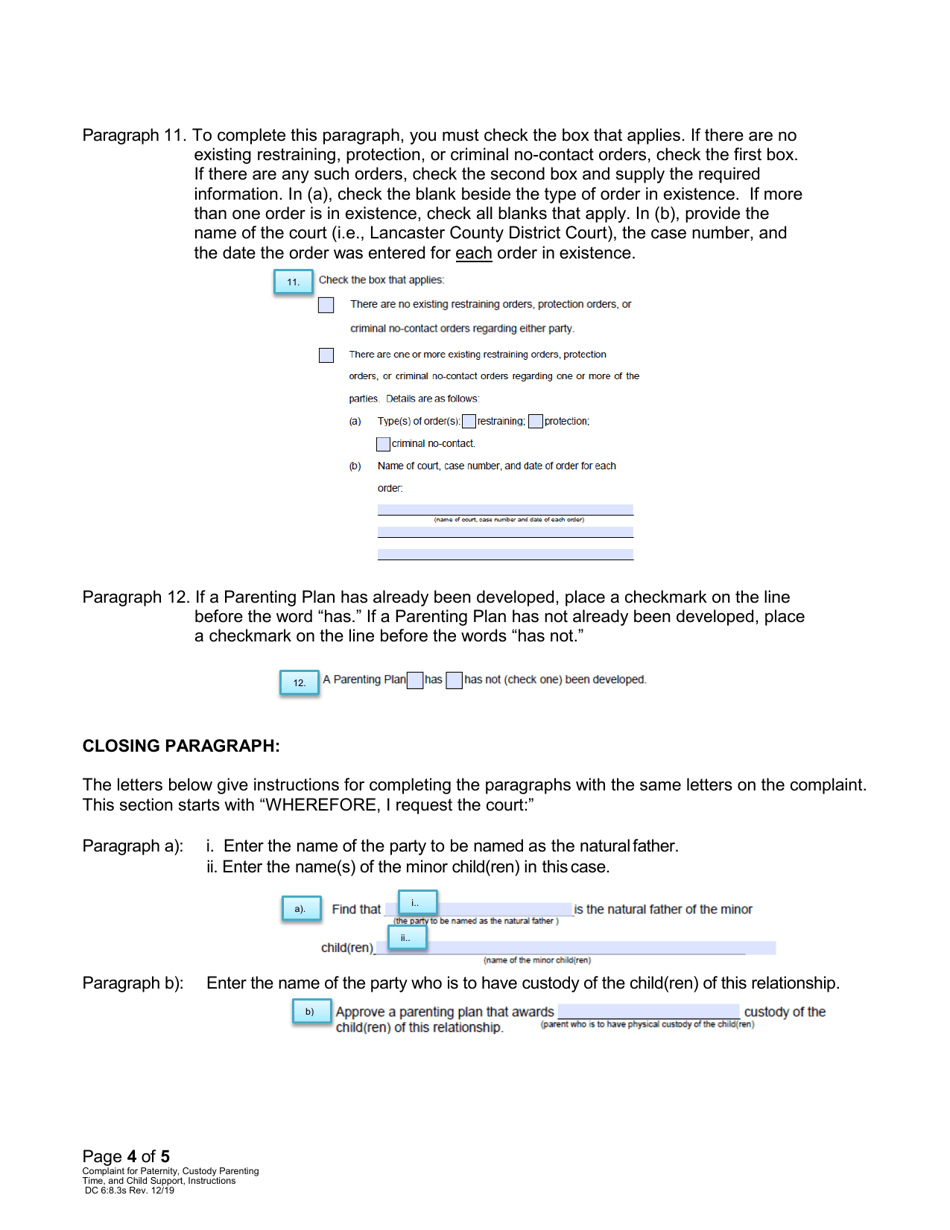 Instructions for Form DC6:8.3 Complaint for Paternity, Custody, Parenting Time, and Child Support - Nebraska, Page 4